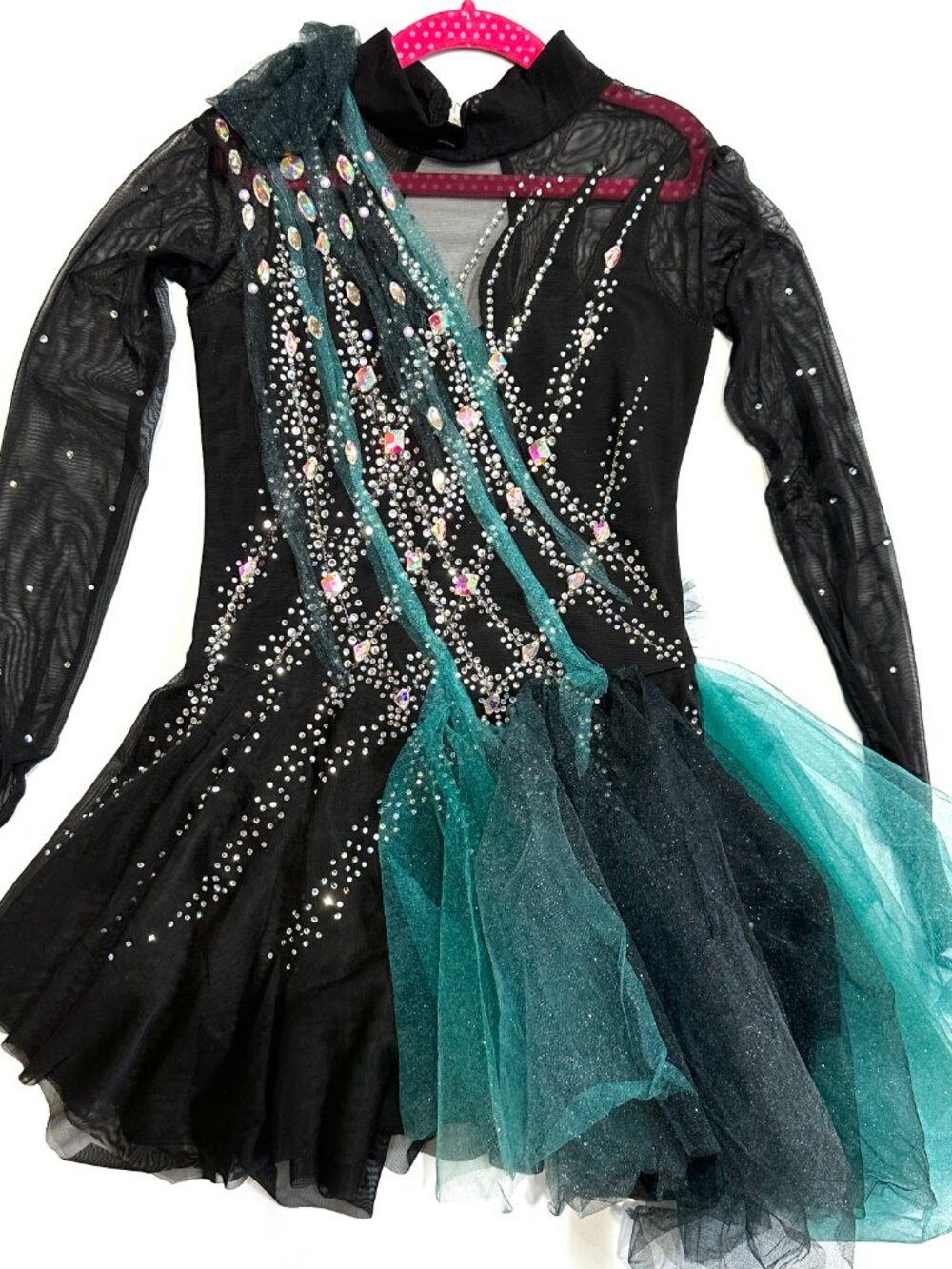 New Black with green trim Crystal Figure Skating Dress Girls Size 12